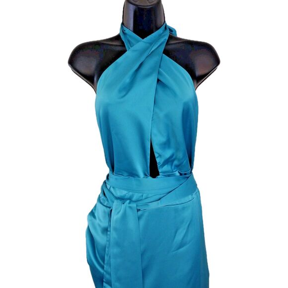New! Show me your MuMu -Adele Halter Turquoise Maxi Dress - Teal Luxe Satin XXL - Picture 6 of 9